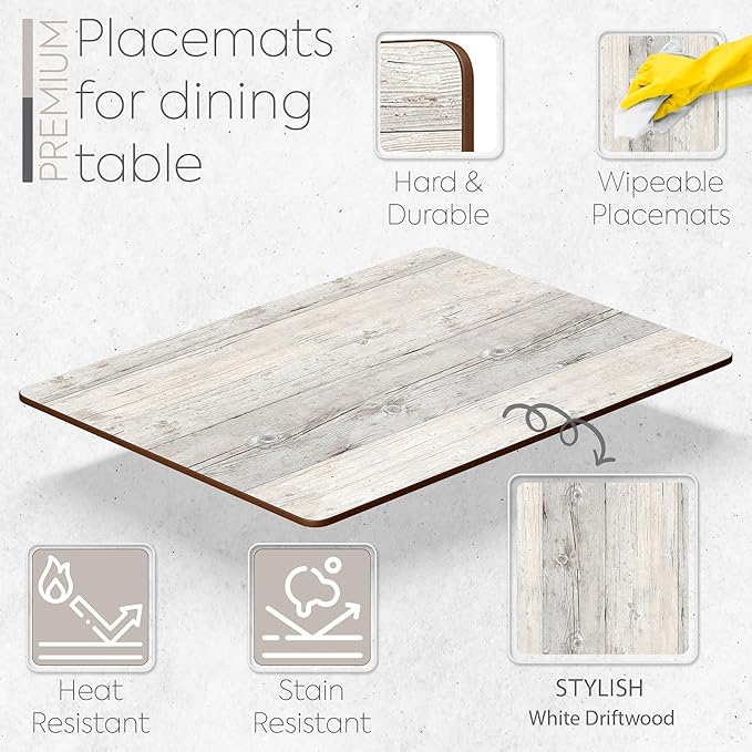 Set of 4 Heat Resistant Cork Placemats for Dining Table with Free Set of 4 Matching Drink Coasters Cork Wood Design Print 16 x 12 Inches Cork Backed Hard Placemats (White Driftwood)