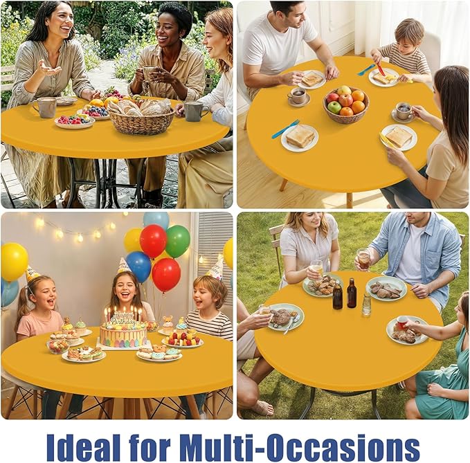 Round Spandex Tablecloth 2 Pack, Elastic Fitted Waterproof Tablecloths for 57"-68" Tables, Stretch Washable Picnic Table Cover for Camping, Dining, Indoor and Outdoor, Mustard Yellow