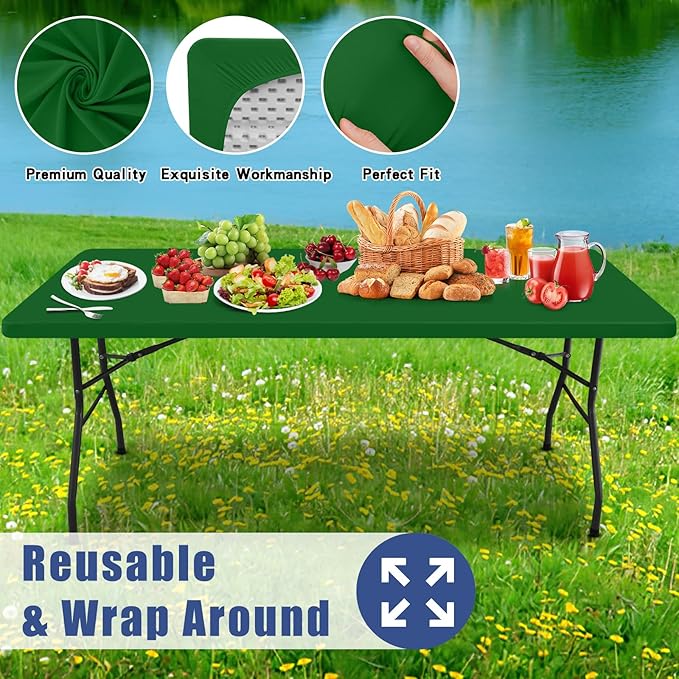 Spandex 8 Foot Rectangle Table Cloth 2 Pack, Elastic Fitted Tablecloths for Picnic, Stretch Washable Patio Table Cover for Outdoor, Camping, Banquet and Parties (Emerald Green, 30"x96")