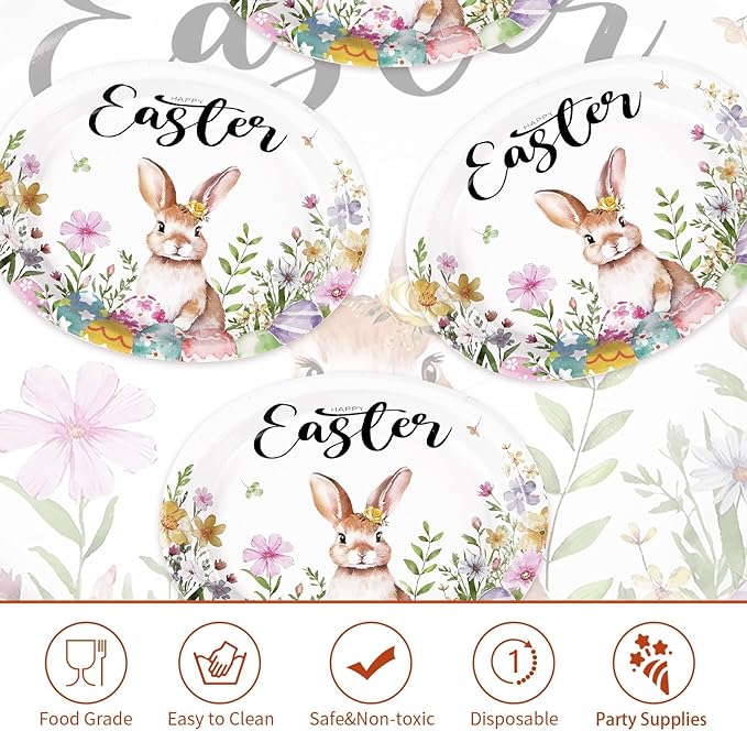 50PCS Easter Oval Paper Plates Easter Decorations 10" X 12" Large Easter Bunny Paper Plates Disposable Easter Party Plates Bunny Egg Flowers Tableware for Spring Easter Holiday Party Supplies