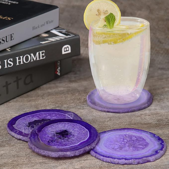 Agate Coaster Set of 4, 3.5-4" Natural Geode Stone Coasters for Drinks Coffee Table Decor Agate Slices Glass Cups Holder for Home Guest Room Housewarming Birthday Gift (Purple)