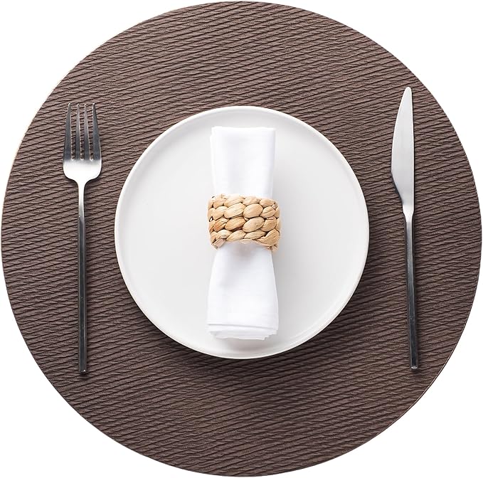 Jovono 15" Faux Leather Big Round Placemats Set of 6 - Washable Heat Resistant Non-Slip Dining Table Mats with Fabric Texture for Kitchen Home Party Decor, Coffee