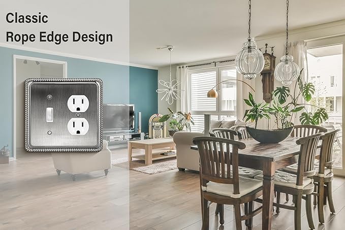 Henne Bery Rope Edge Decorative Wall Plate Switch Plate Outlet Cover (Toggle/Duplex, Heirloom Silver)