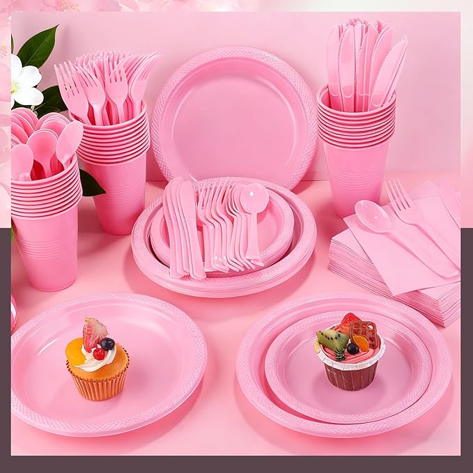 Kochorie 240 Pieces Pink Plastic Dinnerware Set Disposable Heavy Duty Plates Napkins Cups and Silverware Dessert Dinner Plates for Birthday Wedding Baby Shower Party Supplies, Serves 30 Guests