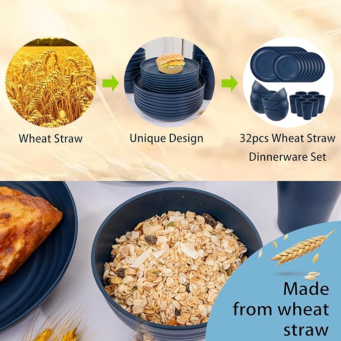 Supernal Wheat Straw Dinnerware Sets, Tableware Set for 8, Plates and Bowls Sets, Reusable Dinnerware Set, Dishwasher Safe, Blue Plastic Dinnerware Sets 16pcs Plates, 8pcs Bowls, 8pcs Cups