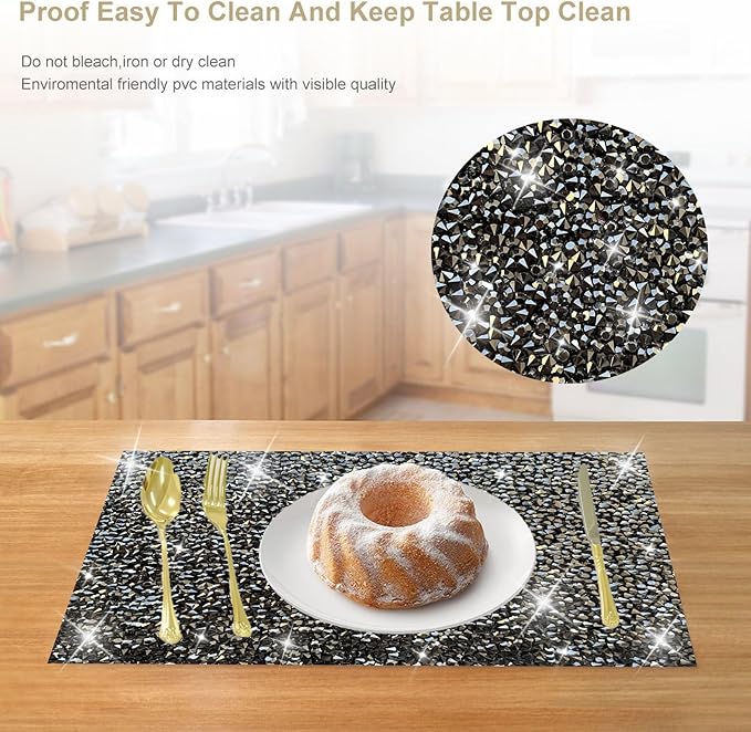 Black Square Placemats - Heat Resistant Mat Set of 4 with Rhinestone Decor and Sparkly Bling