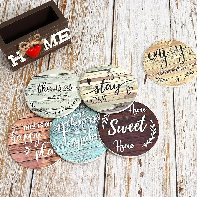 House Warming Gifts for New Home Farmhouse Coaster for Drinks Wood Coasters Set of 6 Personalized Christmas Coasters with Holder Valentines Day Gifts Heart Coaster for Home Decor (Classic Farmhouse)