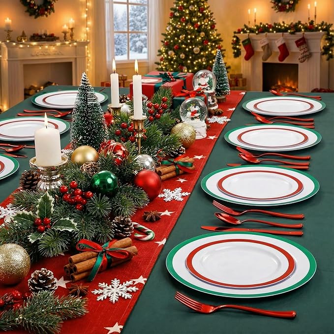 I00000 60PCS Christmas Plastic Plates, Red and Green Plastic Plates, Disposable Set Include 30 Green Dinner Plate, 30 Red Dessert Plate, Perfect for Christmas