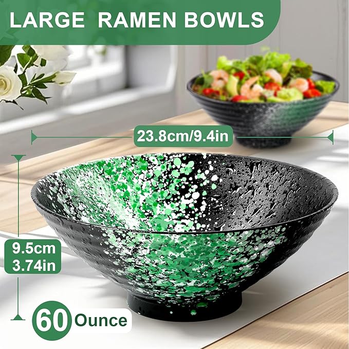 9.4Inch Ceramic Ramen Bowl Set of 2 (9 Piece) - Porcelain Japanese Salad Noodles Cereal Fruit Pasta Soup Large Bowls with Recipes Chopsticks Forks Spoons for Men Women Gift Microwave Dishwasher Safe