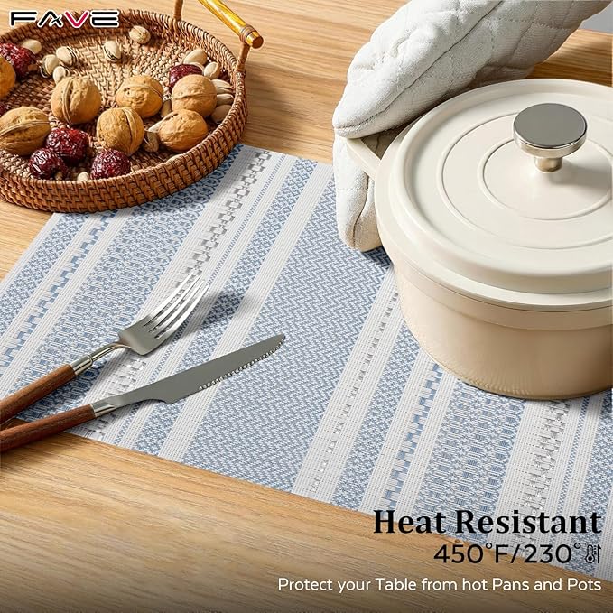 FAVE Blue Boho Vinyl Placemats Set of 6, Durable Woven Place Mats Washable Heat Resistant PVC Table Mats for Parties,Weddings, Dining,Banquet(Blue, 6PCS)