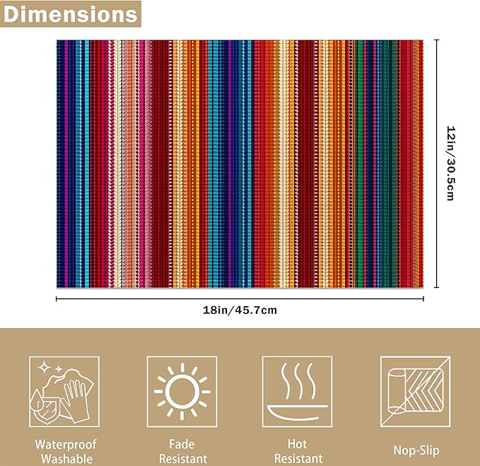 Mexican Placemats Set of 6, Waterproof Linen Fabric, Non-Slip Backing & Easy Clean, Elegant Dining Table Protectors for Family and Guests(Mexican Ethnic Colorful Stripes)