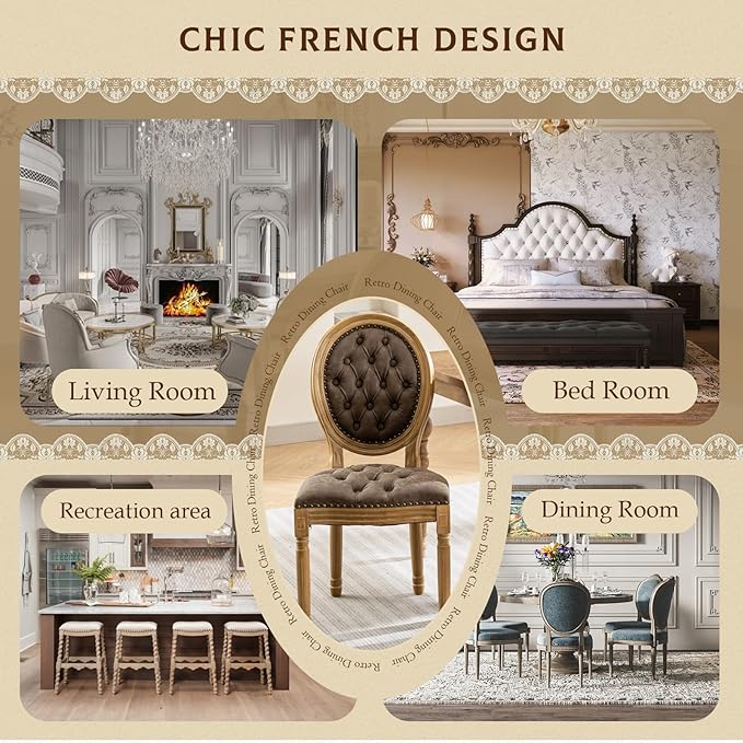 SoarFlash French Dining Chairs Set of 6, Vantage Dining Chair with Round Back, Farmhouse Country PU Leather Dining Chair for Kitchen,Bedroom,Brown