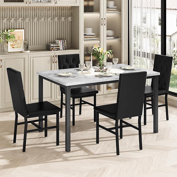 Hooseng Dining Table Set for 4, Faux Marble Small Kitchen Table Chairs Set of 4 with Luxurious Button Tufted Dinner Chairs for Kitchen and Dining (Gray)