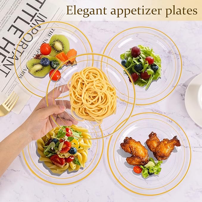 I00000 72 Pcs Clear Plastic Dessert Plates 7.5" & 72 Pcs Gold Disposable Forks 7.4", Clear Small Plates,Nice Dessert Plates,Fancy Salad Plate,Gold Cake Plate for Party, Occasions, Wedding