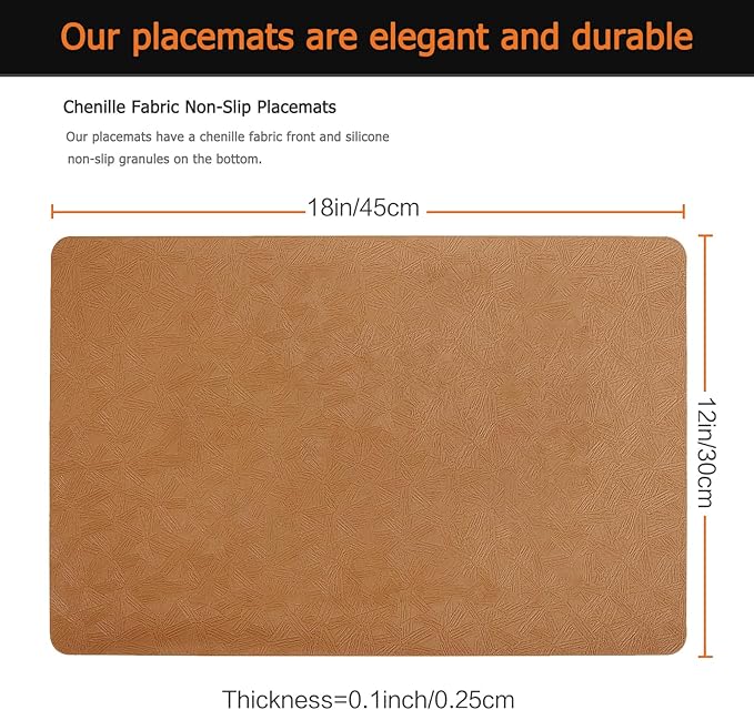 Vinyl Placemats Set of 12 Faux Leather 100% Waterproof Wipeable Washable Place Mats Heat Resistant Easy Clean Non-Slip Table Mats for Indoor Outdoor. (12, Brown)