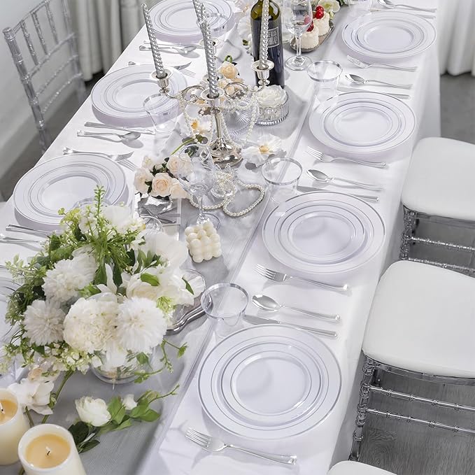 WELLIFE 600 PCS Silver Disposable Dinnerware Set for 100 Guests, Wedding Reception Plates & Silver Plastic Tableware, Dinner & Salad Plates, Cups, Forks, Knives & Spoons for Weddings & Elegant Events