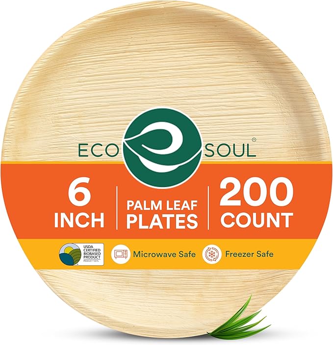ECO SOUL Palm Leaf Plates 6" Round (200 Count) - Disposable, Eco-Friendly, Biodegradable Bamboo Appetizer Plates - Perfect Dinnerware for Parties, Weddings, Events & Holidays