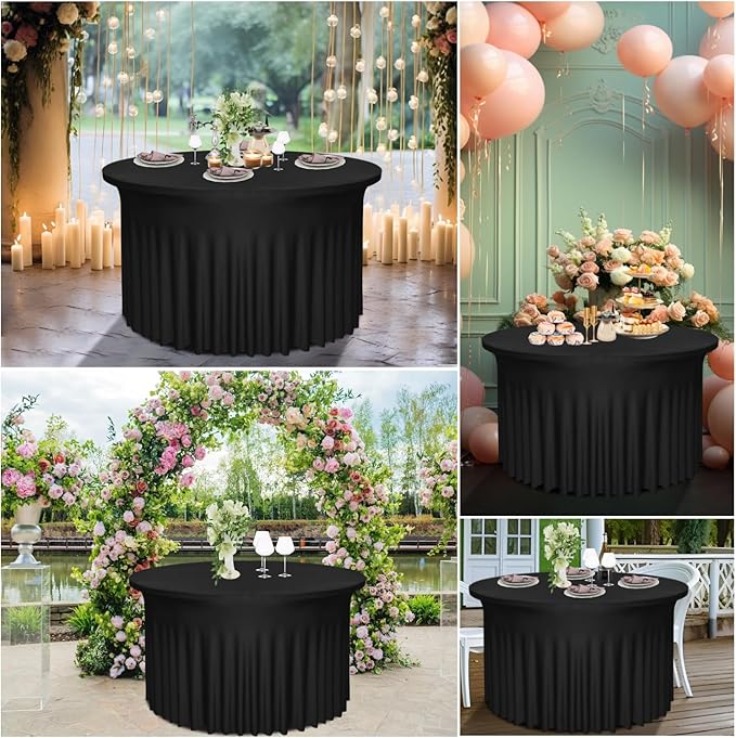 4 Pack Black Round Table Skirt, 48 Inch Diameter x 30 Inch Height, Stretch Polyester Spandex Tablecloth for 4ft Tables, Stain & Wrinkle Resistant for Wedding, Party, Banquet Decor