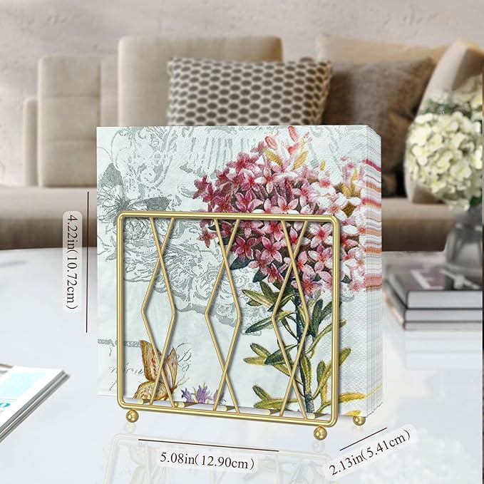 Napkin Holder for Table, Modern Metal Napkin Holders for Paper Napkins & Kitchen Dining & Countertops, Cocktail Upright Napkin Holder Dispenser Suitable for All Room Decors (Small, Gold)
