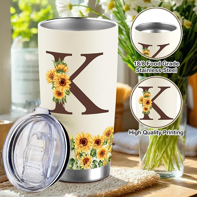 Sunflower Gifts for Women - Personalized Gifts for Women - Birthday Gift for Woman - Mothers Day Gift for Mom - Monogrammed, Initial 20oz Travel Cup Insulated Tumbler with Lid, K