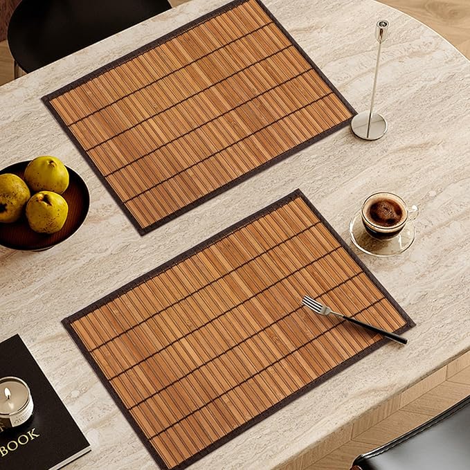 Bamboo Placemats with Fabric Border Set of 4 Natural Bamboo Rectangular Rolling Table Mats for Dining Kitchen Table Heat Resistant Table Protection Brown