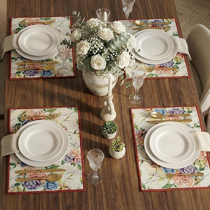 DaDa Bedding Vintage Romantic Roses Floral Dining Table Placemats - Set of 4-Pieces Tapestry Lovely Valentine Blossoms Spring Summer Garden - Decorative Linen Woven Kitchen Mats - 13” x 19” (879)