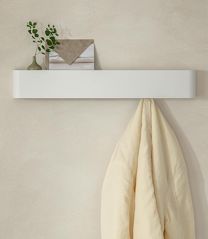 Kazai.® Coat Rack Wall Mount with Shelf 'Tone' | Modern Design Coat Hanger with Hidden Hooks and Storage | Hat Rack with Shelf in Metal | Wall-Mounted Purse Organizer | White