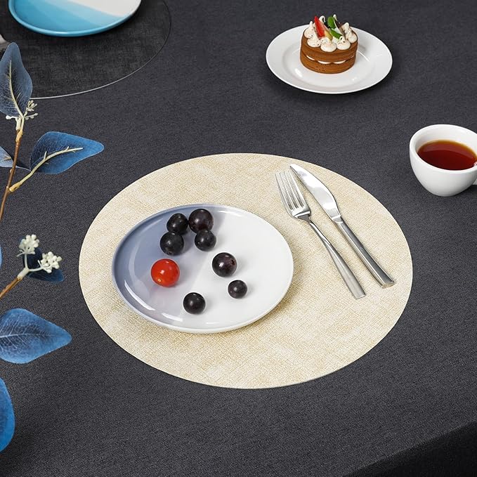 Myir JUN Round Placemats, Dual Sided Faux Leather Place Mats Set of 6 Indoor/Outdoor Non-Slip Washable Table Mats (Gray Cream-White, Set of 6)