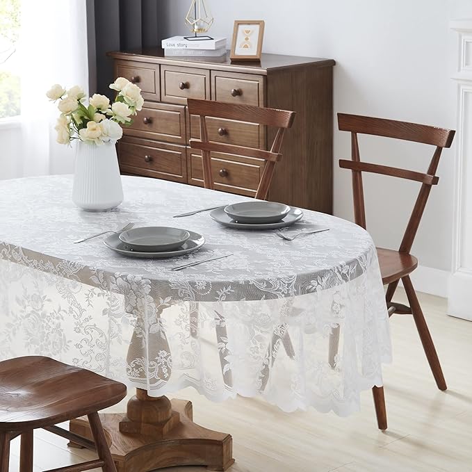 Warm Home Designs 60 x 84 Lace Tablecloth. Ivory Oval Tablecloth with English Rose Design. Oval Table Cloth, Rustic Tablecloth or Dining Table Cover for 6-8 Guests. LTC Ivory Oval 84"