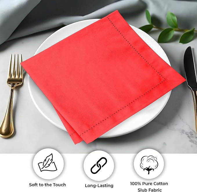Urban Villa Cloth Napkins Hemstitch Solid Red100% Cotton Absorbent Dinner Napkins (Set of 6) 20x20 Inches Soft Durable Washable Reusable Ideal for Everyday Use Wedding Parties Cloth Dinner Napkins