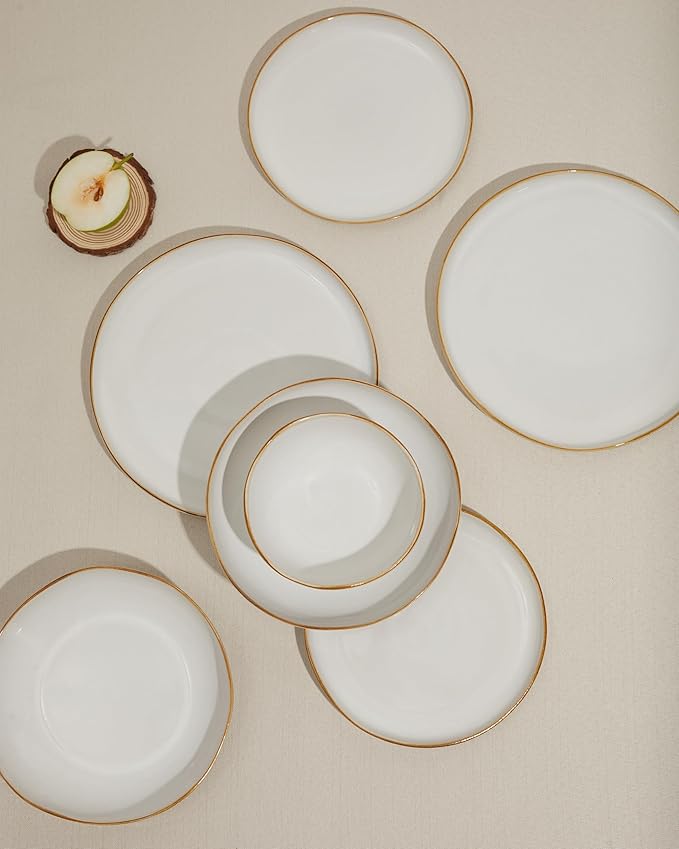 24 Piece White Ceramic Plates and Bowls Sets for 8, Reactive Glaze Stoneware with Coastal‑Line Look | Ideal for Holiday Entertaining, Thanksgiving, and Large Family Meals