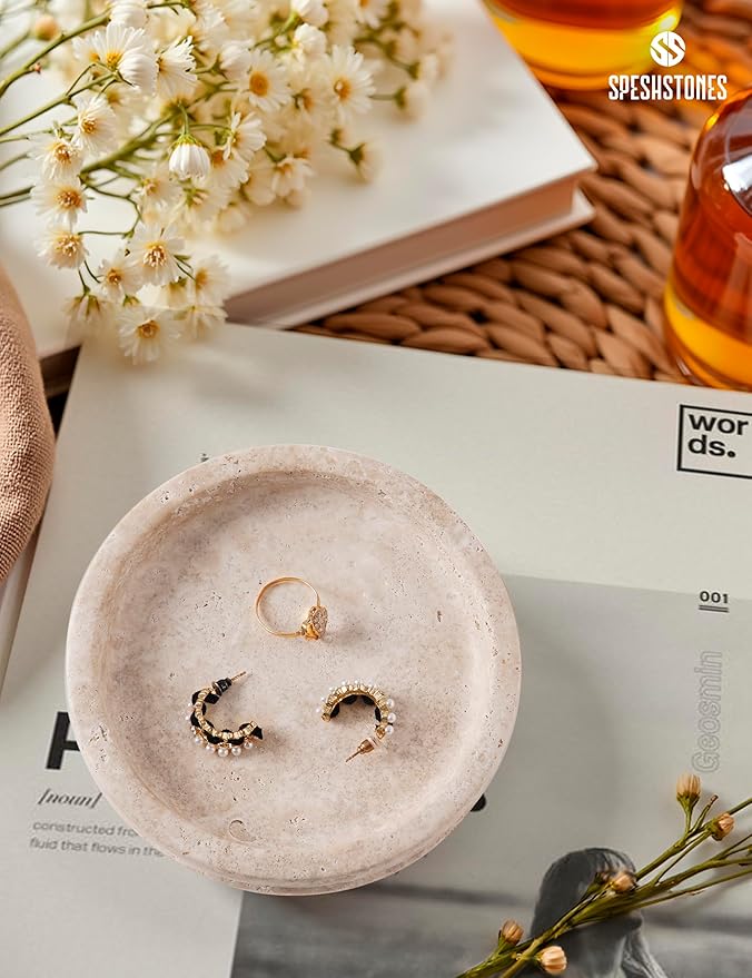 Marble Jewelry Dish 5 Inch Handmade Travertine Ring Holder - Trinket Tray for Vanity & Aesthetic Room Decor, Stone Key Bowl & Candle Plate for Entryway Table,
