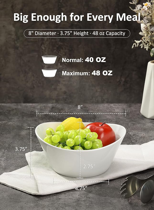 Yedio 48 oz Porcelain Salad Bowls Set of 4 – Large Serving Bowls for Pasta, Soup, Oatmeal, Snacks – Microwave & Dishwasher Safe, White Kitchen Bowl Set