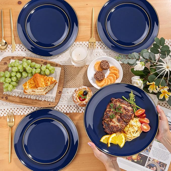 PULOTE 200 Pieces Blue Plastic Plates - Navy Blue and Gold Disposable - Include 100PCS 10 inch Dinner & 100PCS 7 inch Dessert Plate for Party & Hanukkah