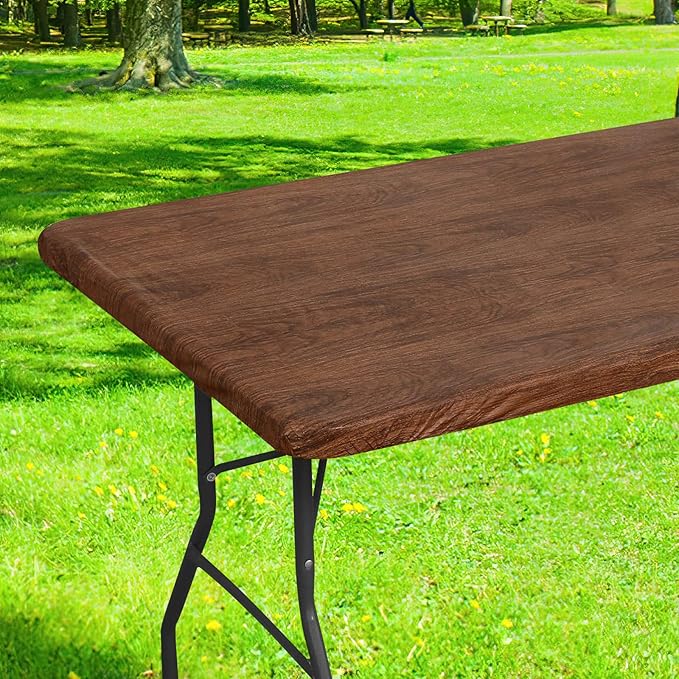 Smiry Rectangle Table Cloth Cover, Waterproof Elastic Fitted Picnic Tablecloth for 8 Foot Tables, Wipeable Flannel Backed Vinyl Tablecloths for Camping, Dining, Outdoor (Brown, 30" x 96")