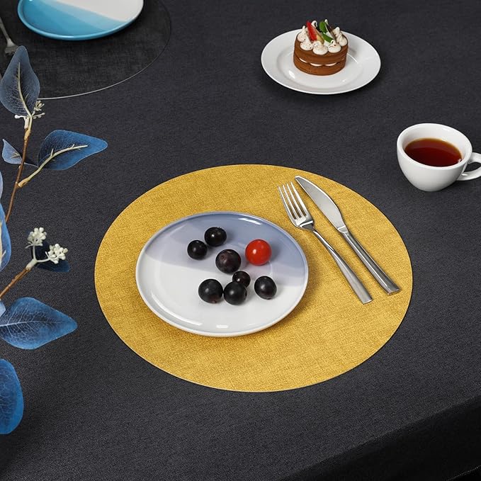 Myir JUN Round Placemats Dual Sided, Faux Leather Place Mats Set of 4 Indoor Placemats for Dining Table Outdoor Placemats Non-Slip Washable Table Mats (Set of 8, Gray Yellow)