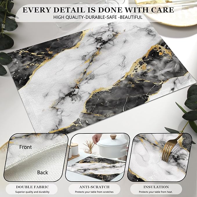 Mcalk Black Marble Table Runner and Placemats Set of 6, Marble Print Placemats, Modern Cloth Place Mats Indoor for Kitchen,Washable Linen Material for Dining Table