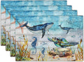 Giwawa Sea Life Placemats Set of 4- Sea Turtle Seahorse Whale Ocean Animal Place Mats- Vintage Compass Wood Board Heat Resistant Linen Table Mats 12"x18" for Dining Kitchen Summer Decoration