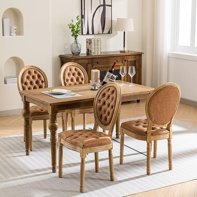 Vintage French Dining Chairs Set of 6, Round Back PU Leather Upholstered Accent Chairs with Nailhead Trim and Solid Wood Frame, Farmhouse Sillas de Comedor for Dining Room & Kitchen, Whiskey Brown