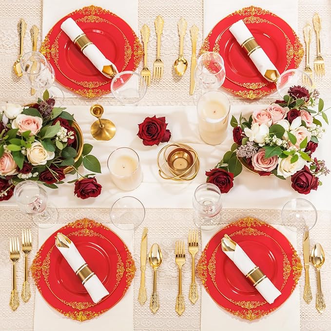 Nervure 100Pcs Red and Gold Plastic Plates - 7.5inch Red Disposable Plates - Heavyweight Plastic Plate - Dessert Plate for Wedding & Party