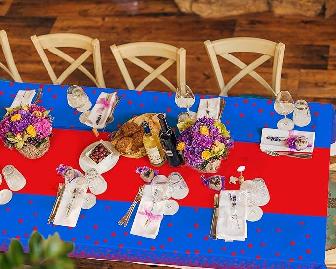 Oudain 3 Pcs Blue and Red Tablecloth for Parties Plastic Dot Tablecloths Printed Table Runner Waterproof Disposable Rectangle Table Cover for Christmas Birthday Wedding Party, 54" x 108"