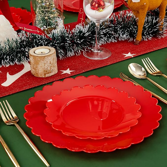 SUT 72Pcs Red Plastic Plates,10.25inch red Dinner Plates, Disposable Dinner Plates, Heavy Duty Plastic Plates, Disposable Plates,Scallop Plastic Plates for Party