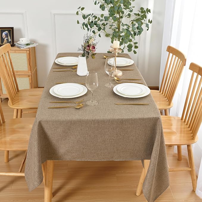JIUZHEN Rectangle Table Cloth Faux Linen Farmhouse Tablecloth Wrinkle and Stain Resistant Decorative Fabric Table Cover for Kitchen, Dining Room, Parties and Camping, Khaki, 54 x 80 Inch