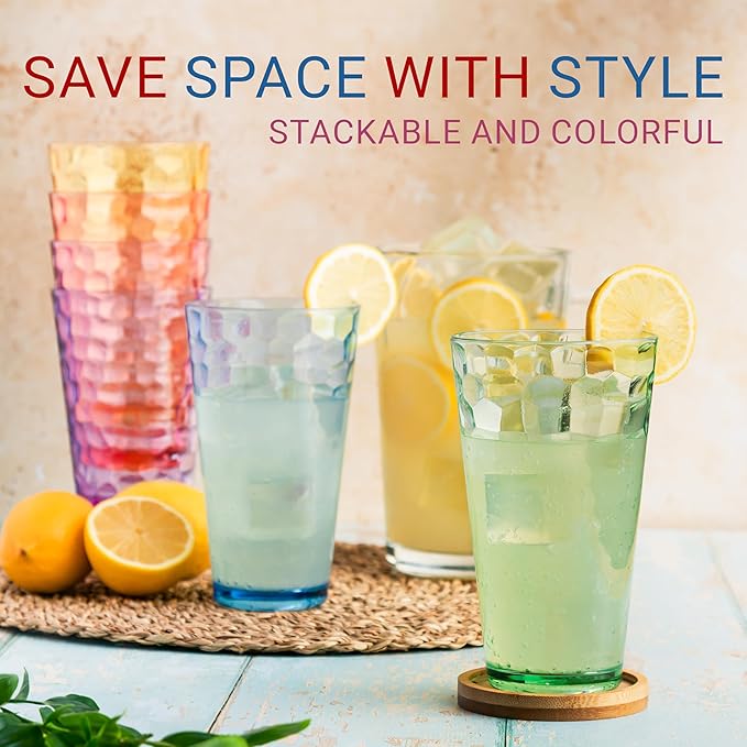 Hammered Plastic Drinking Tumbler, Dishwasher-Safe Premium Quality Water Glasses, BPA-Free Reusable Mixed Colors Assorted Stackable Cups, 22 oz Set of 12