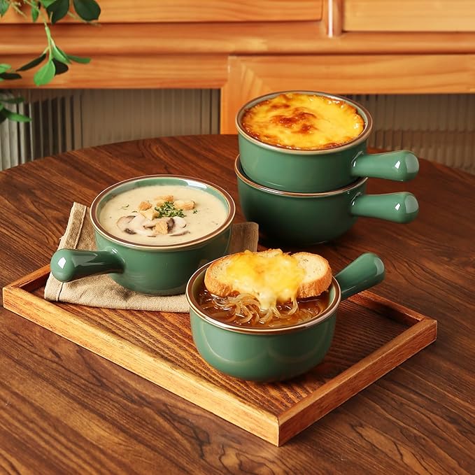 MONITO 16 Oz French Onion Soup Bowls, Ceramic Soup Bowls with Handles, Stackable Soup Crocks Oven Safe for Chili, Beef Stew, Cereal,Casseroles Microwave & Dishwasher Safe, Set of 4, Forest Green
