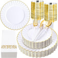 Ciaell 175 PCS White Scalloped Plastic Plates with Gold Trim - Gold Plastic Silverware with Handle - Fancy High-End Dinnerware Sets for Wedding & Party(25 Guests)