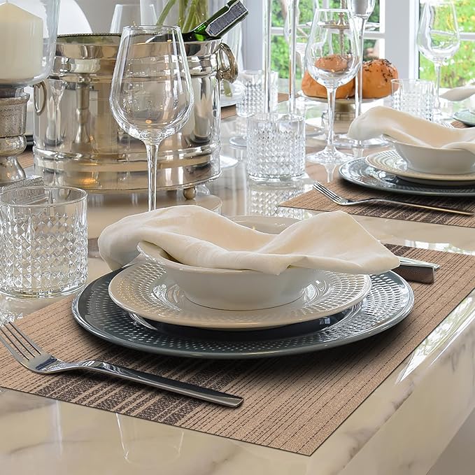 Winknowl Placemats Set of 8, Washable Vinyl Woven Placemats, Heat Resistant & Wipeable Table Mats for Kitchen Dining Table (Brown)