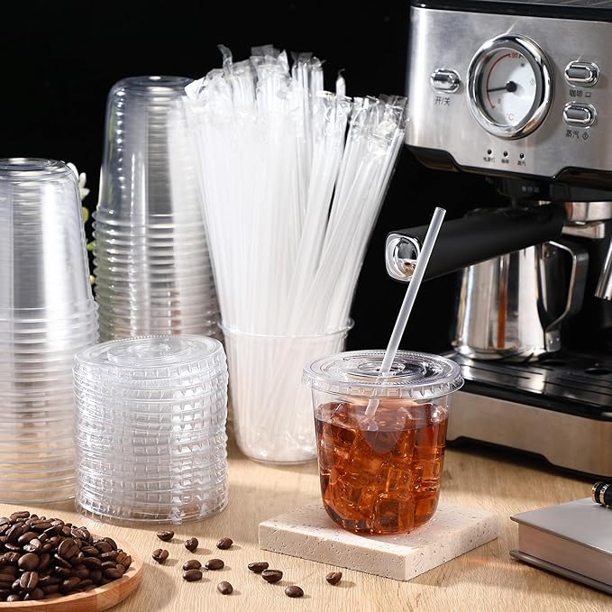 50 Sets Clear Plastic Cups with Lids and Straws, Disposable Iced Coffee Cups Drinking PET for Cold Drinks, Juice, Smoothie, Coffee Shops, Party, Christmas(Clear,12 oz)
