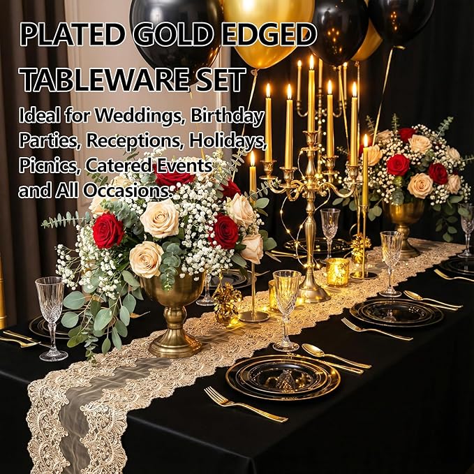 GATHER 350PCS Black Plastic Plates - Black and Gold Disposable Dinnerware Set Include 100 Plates, 150 Gold Silverware, 50 Napkins, 50 Cups for Party & Wedding & Birthday