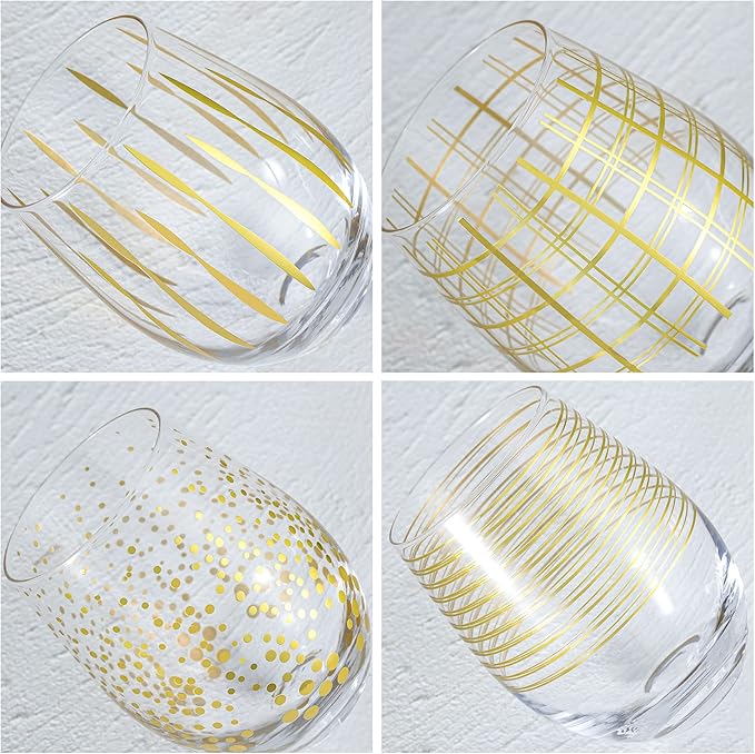 Joeyan Hand Blown Stemless Wine Glasses with Gold Dots Swirls Grids Strips Pattern for Red White Wine,Large Drinking Glass Cups,Wine Glass Tumblers for Wedding Party Home,Set of 4,17.5 oz